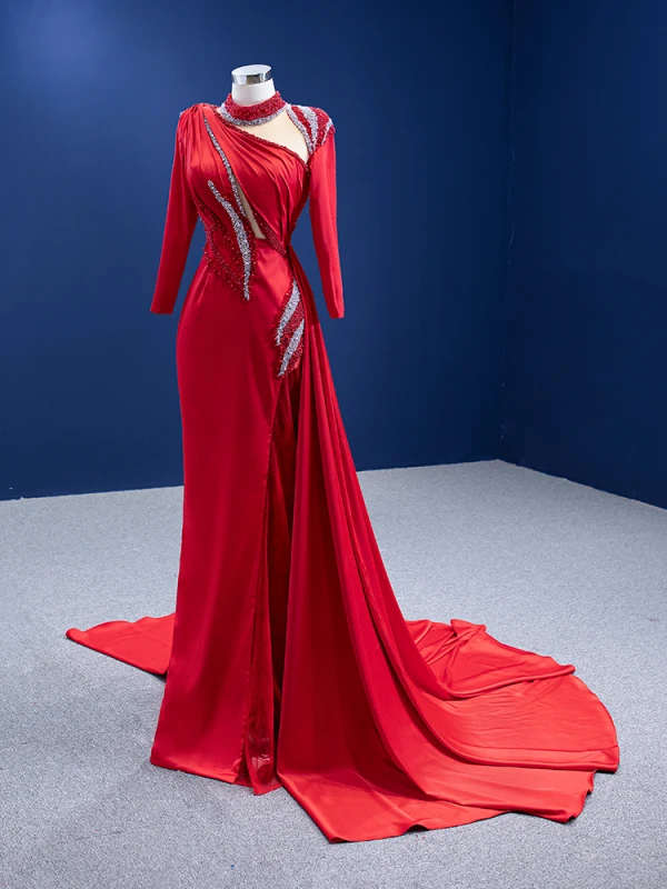 High-end Red Beading Pearl Sequins Evening Dresses Trumpet / Mermaid 2022 High Neck Long Sleeve Court Train Evening Party Formal Dresses