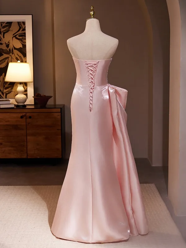 Sexy Pearl Pink Pearl Satin Prom Dresses 2024 Trumpet / Mermaid Strapless Sleeveless Backless Floor-Length / Long Prom Formal Dresses