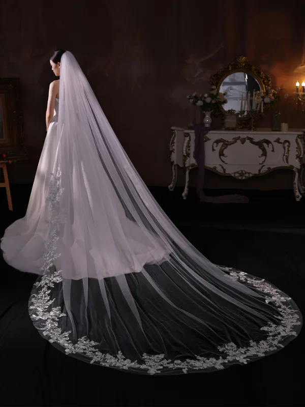 Élégant Blanche En Dentelle Fleur Chapel Train Voile De Mariée 2025 3.5 m Tulle