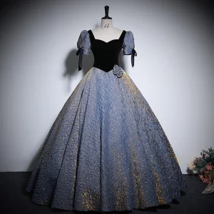 Élégant Bleu Ciel Appliques Robe De Bal 2024 Robe Boule Encolure Carrée Gonflée Manches Courtes Dos Nu Longue Promo Robe De Ceremonie