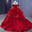 High-end Burgundy Glitter Pearl Appliques Cascading Ruffles Prom Dresses 2023 Ball Gown Off-The-Shoulder Sleeveless Backless Court Train Prom Formal Dresses