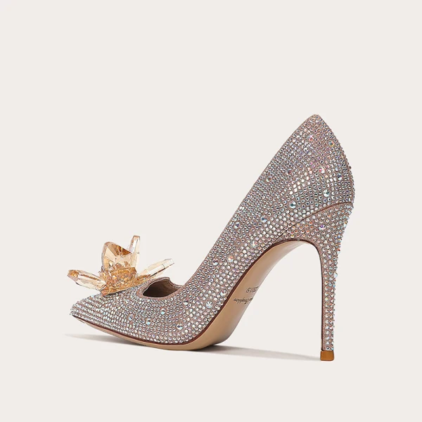 Cinderella Sparkly Champagne Crystal Rhinestone Wedding Shoes 2023 Leather 10 cm Stiletto Heels Pointed Toe Wedding Pumps High Heels
