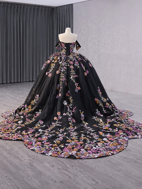 High-end Vintage / Retro Black Handmade  Sequins Lace Flower Prom Dresses 2024 Ball Gown Off-The-Shoulder Short Sleeve Backless Royal Train Prom
