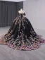 High-end Vintage / Retro Black Handmade  Sequins Lace Flower Prom Dresses 2024 Ball Gown Off-The-Shoulder Short Sleeve Backless Royal Train Prom
