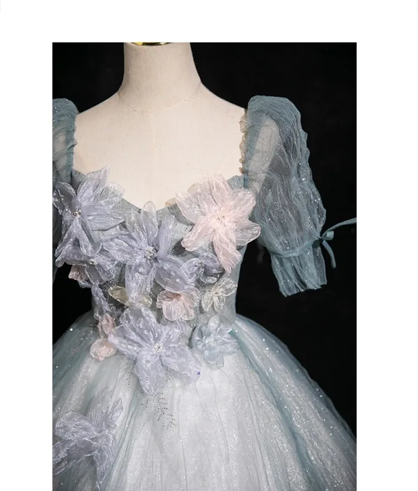 Bling Bling Sky Blue Sequins Appliques Prom Dresses 2024 Ball Gown Square Neckline Short Sleeve Backless Floor-Length / Long Prom Formal Dresses