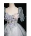 Bling Bling Sky Blue Sequins Appliques Prom Dresses 2024 Ball Gown Square Neckline Short Sleeve Backless Floor-Length / Long Prom Formal Dresses
