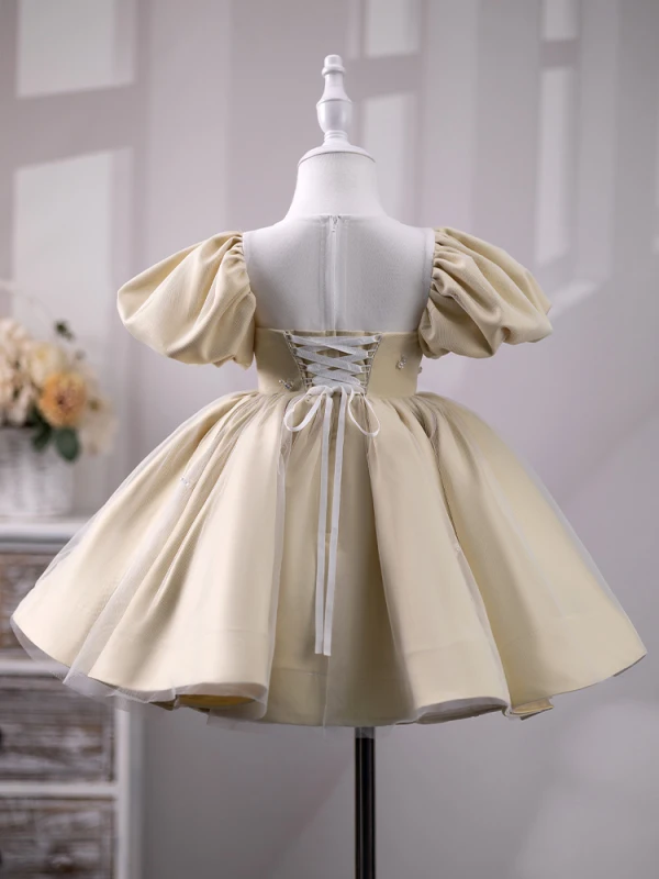 Chic / Beautiful Champagne Pearl Short Birthday Flower Girl Dresses 2023 Ball Gown Scoop Neck Puffy Short Sleeve Tulle