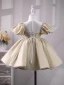 Chic / Beautiful Champagne Pearl Short Birthday Flower Girl Dresses 2023 Ball Gown Scoop Neck Puffy Short Sleeve Tulle