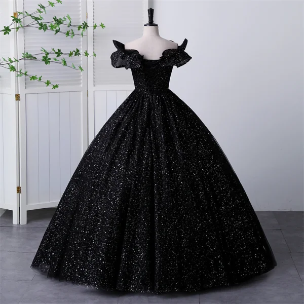 Elegant Black Sequins Prom Dresses Ball Gown 2023 Off-The-Shoulder Short Sleeve Backless Floor-Length / Long Formal Dresses