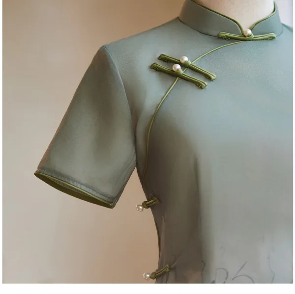Chinese style Sage Green Gradient-Color Cheongsam 2024 Trumpet / Mermaid High Neck Short Sleeve Tea-length