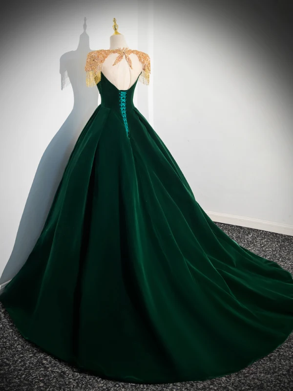 Elegante Dunkelgrün Perlenstickerei Quaste Samt Ballkleider 2024 Ballkleid Rundhalsausschnitt Ärmellos Rückenfreies Lange Ball Festliche Kleider