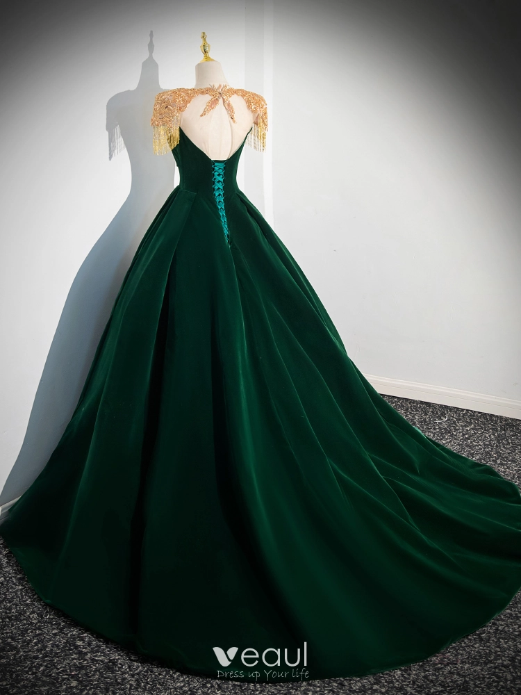 Elegant Dark Green Beading Tassel Velvet Prom Dresses 2024 Ball Gown ...