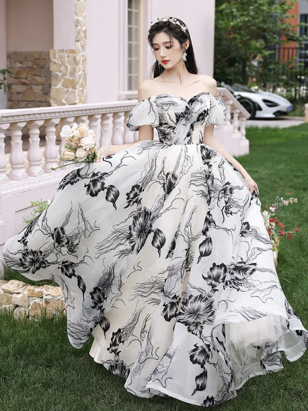 Fashion Black Printing Prom Dresses 2023 A-Line / Princess Off-The-Shoulder Short Sleeve Backless Bow Sash Floor-Length / Long Prom Formal Dresses