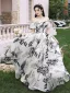 Fashion Black Printing Prom Dresses 2023 A-Line / Princess Off-The-Shoulder Short Sleeve Backless Bow Sash Floor-Length / Long Prom Formal Dresses