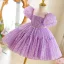 Bling Bling Sky Blue Sequins Birthday Short Flower Girl Dresses 2025 Ball Gown Scoop Neck Puffy Short Sleeve Tulle