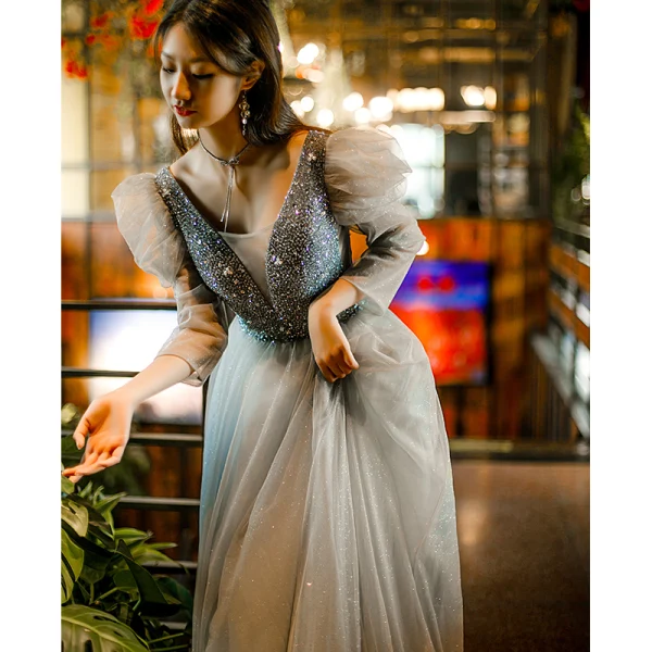 Chic / Belle Vert Citron Robe De Bal 2022 Princesse V-Cou Perlage Paillettes Gonflée Manches Courtes Longue Promo Robe De Ceremonie