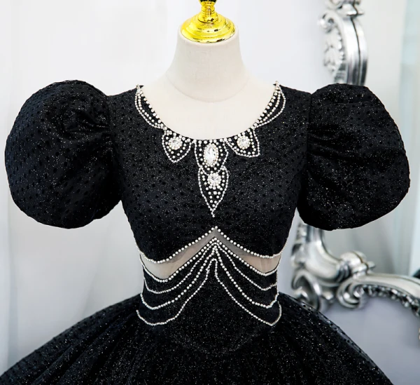 Élégant Noire Perle Faux Diamant Paillettes Robe De Bal Longue 2022 Robe Boule Encolure Dégagée Gonflée Manches Courtes Dos Nu Promo Robe De Ceremonie