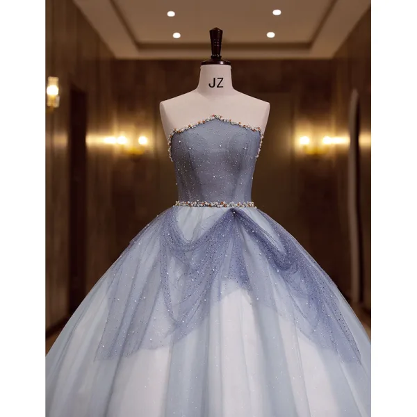 Charming Sky Blue Beading Pearl Sequins Prom Dresses 2022 Ball Gown Sleeveless Backless Floor-Length / Long Strapless Formal Dresses