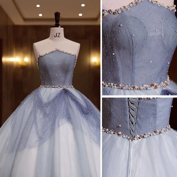 Charming Sky Blue Beading Pearl Sequins Prom Dresses 2022 Ball Gown Sleeveless Backless Floor-Length / Long Strapless Formal Dresses