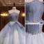 Charming Sky Blue Beading Pearl Sequins Prom Dresses 2022 Ball Gown Sleeveless Backless Floor-Length / Long Strapless Formal Dresses