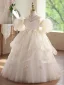 Exquisite Champagne Pearl Appliques Cascading Ruffles Wedding Flower Girl Dresses 2026 Ball Gown Off-The-Shoulder Short Sleeve Backless