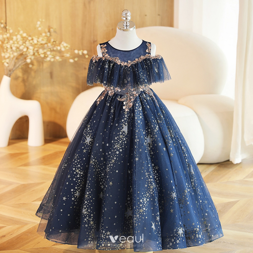 Charming Navy Blue Beading Sequins Birthday Flower Girl Dresses 2023 Ball Gown Scoop Neck Short Sleeve Floor Length Long Flower Girl Dresses