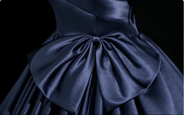 Vintage / Retro Navy Blue Bow Satin Prom Dresses 2025 Ball Gown Off-The-Shoulder Short Sleeve Backless Floor-Length / Long Formal Dresses