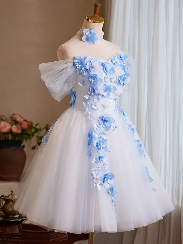 Chic / Belle Blanche Perle Appliques Courte de retour Robe De Graduation 2025 Princesse De l'épaule Manches Courtes Dos Nu Tulle