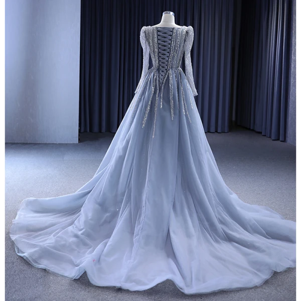 High-end Vintage / Retro Grey Beading Sequins Evening Dresses 2023 Trumpet / Mermaid V-Neck Long Sleeve Evening Party Court Train Formal Dresses