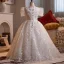 Sparkly Charming White Beading Pearl Sequins Birthday Flower Girl Dresses 2025 Ball Gown Square Neckline Short Sleeve Floor-Length / Long Tulle
