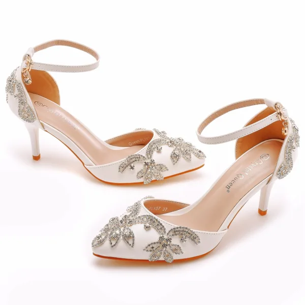 Sexy Silber Strass Brautschuhe 2023 7 cm Stilettos Knöchelriemen Spitzschuh Hochzeit Sandaletten Hochhackige