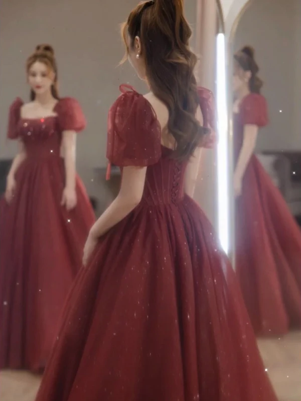 Chic / Beautiful Burgundy Beading Sequins Prom Dresses 2023 A-Line / Princess Square Neckline Short Sleeve Backless Floor-Length / Long Prom Formal Dresses