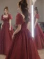 Chic / Beautiful Burgundy Beading Sequins Prom Dresses 2023 A-Line / Princess Square Neckline Short Sleeve Backless Floor-Length / Long Prom Formal Dresses