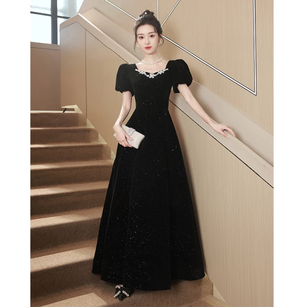 Audrey Hepburn Style Black Rhinestone Prom Dresses 2023 A-Line / Princess Square Neckline Short Sleeve Prom Polyester Floor-Length / Long Formal Dresses Zipper Up