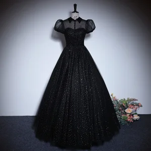 Élégant Noire Paillettes Robe De Bal 2023 Princesse Col Haut Manches Courtes Dos Nu Longue Promo Robe De Ceremonie