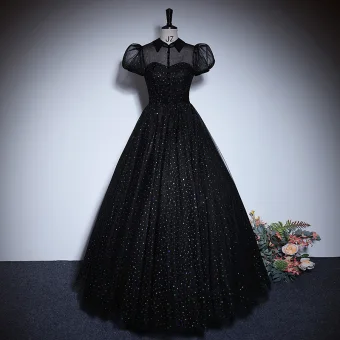 Élégant Noire Paillettes Robe De Bal 2023 Princesse Col Haut Manches Courtes Dos Nu Longue Promo Robe De Ceremonie