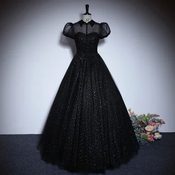 Élégant Noire Paillettes Robe De Bal 2023 Princesse Col Haut Manches Courtes Dos Nu Longue Promo Robe De Ceremonie