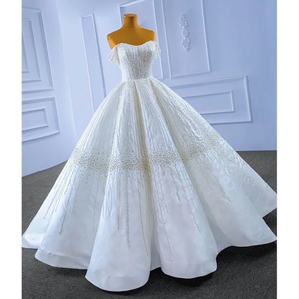 High End Elegante Ivory / Creme Handgefertigt Perlenstickerei Pailletten Brautkleider / Hochzeitskleider 2022 Ballkleid Bandeau Ärmellos Rückenfreies Lange Hochzeit