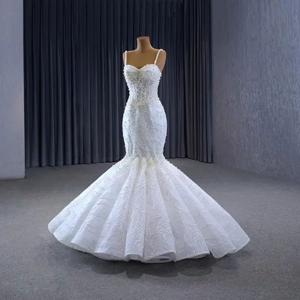 High-end White Handmade  Beading Pearl Wedding Dresses 2023 Ball Gown Spaghetti Straps Sleeveless Backless Floor-Length / Long Wedding