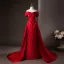 Modest / Simple Red Satin Prom Dresses 2025 Trumpet / Mermaid Off-The-Shoulder Short Sleeve Backless Sweep Train Formal Dresses