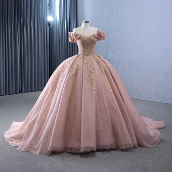 Haut De Gamme Rougissant Rose Glitter Fait Main Perlage Paillettes En Dentelle Fleur Robe De Bal 2024 Robe Boule De L Épaule Manches Courtes Dos Nu Tribunal Train Promo