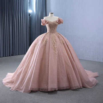 High End Blushing Pink Glitter Handmade Beading Sequins Lace Flower Prom Dresses 2024 Ball Gown Off The Shoulder Short Sleeve Backless Court Train Prom