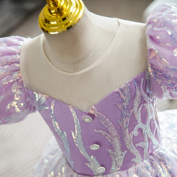 Chic / Beautiful Lavender Pearl Sequins Birthday Flower Girl Dresses 2022 Ball Gown Scoop Neck Puffy Short Sleeve Bow Short Flower Girl Dresses