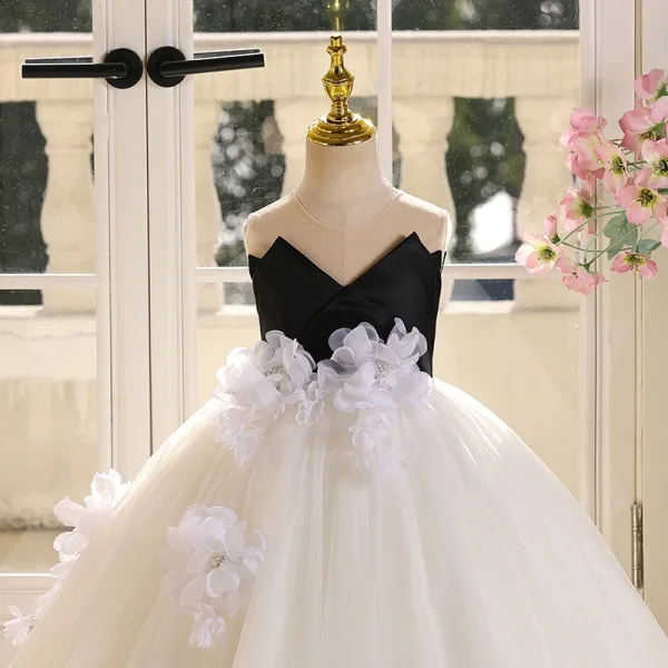 Chic / Beautiful Ivory Appliques Birthday Flower Girl Dresses 2025 Ball Gown Scoop Neck Sleeveless Backless Floor-Length / Long