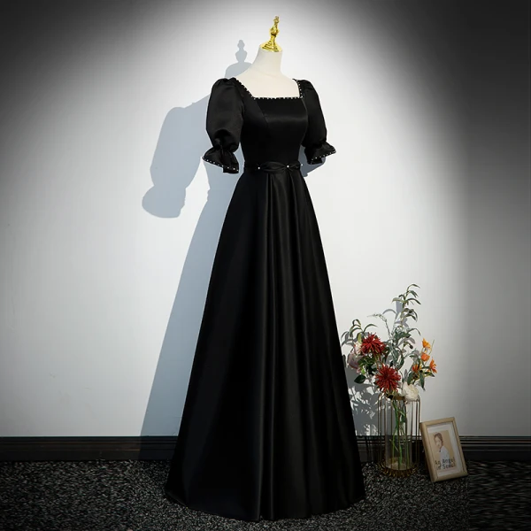 Chic / Beautiful Black Pearl Satin Evening Dresses 2023 A-Line / Princess Square Neckline Short Sleeve Backless Floor-Length / Long Evening Party Formal Dresses