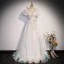 Fashion White Beading Pearl Sequins Prom Dresses 2023 A-Line / Princess V-Neck Puffy Short Sleeve Bow Backless Floor-Length / Long Prom Formal Dresses