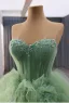 High-end Sage Green Cascading Ruffles Beading Sequins Prom Dresses 2025 Ball Gown Strapless Sleeveless Backless Chapel Train Prom Formal Dresses