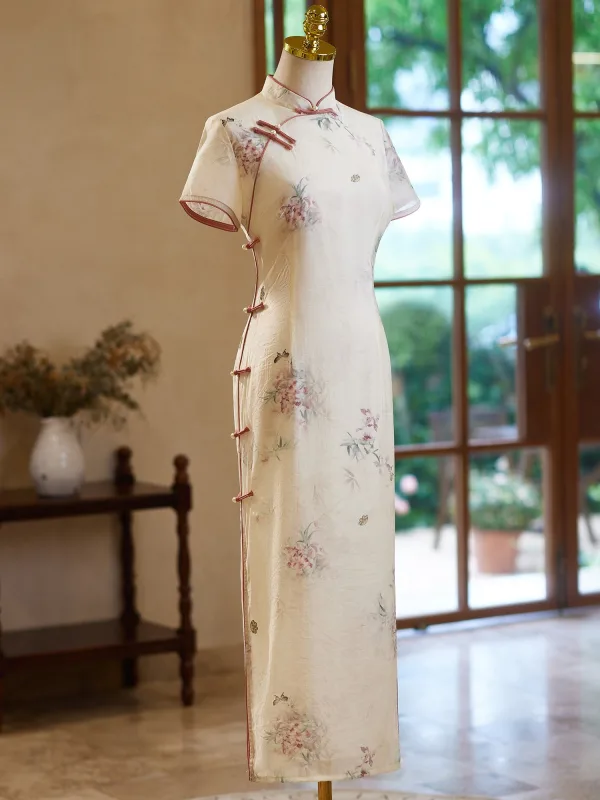Chinese style Beige Printing Floor-Length / Long Cheongsam 2024 Trumpet / Mermaid High Neck Short Sleeve
