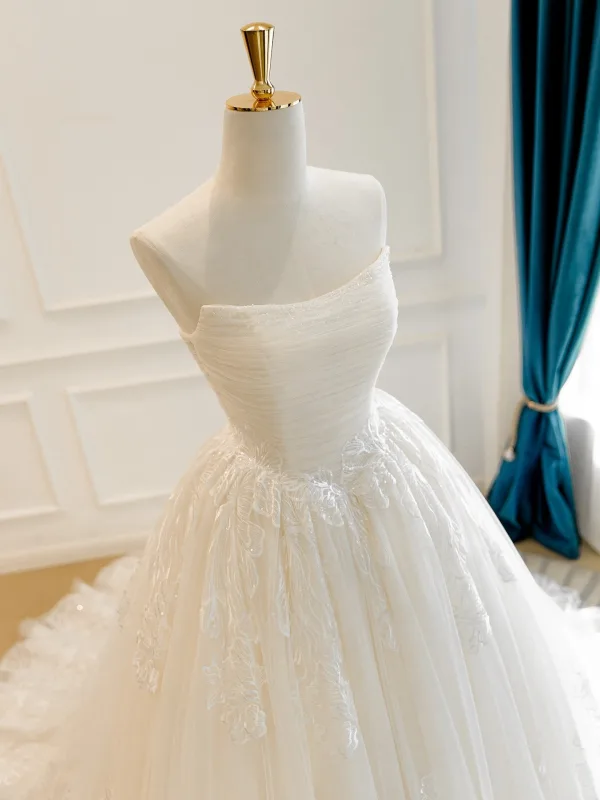 High End Elegante Champagner Handgefertigt Pailletten Spitze Blumen Brautkleider / Hochzeitskleider 2026 Ballkleid Bandeau Ärmellos Rückenfreies Hof-Schleppe