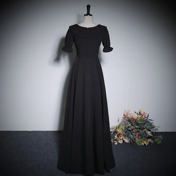 Chic / Belle Noire Robe De Soirée 2023 Princesse V-Cou Manches Courtes Longue Soirée Robe De Ceremonie